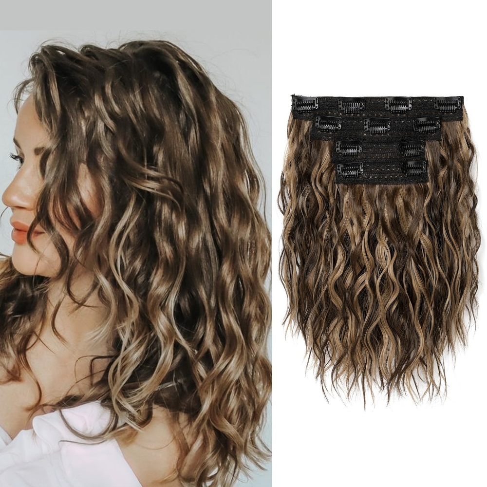 Clip in Hair Extensions - 4PCS 12" Short Curly Wavy‎ Brown with Highlights